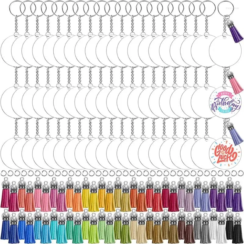 Chaves 240pcs redonda de chaveiro acrílico Definir discos círculos transparentes com anéis de salto de couro com tassel artigos de chaveiro diy