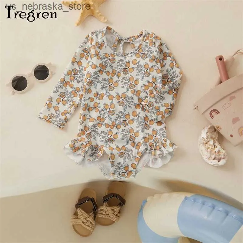 Endelar Trecren Kids Girl Summer Swimsuit Floral Print Långärmad Ruffled Jumpsuit Swimsuit Badrum Baddräkt Pool Strand Suit Q240418