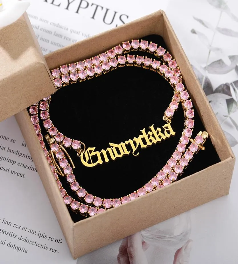 DIY Gold banhado aço inoxidável Nome personalizado Letter Pingente Colar com cadeia de tênis CZ de 18 polegadas para homens Mulheres 9477667