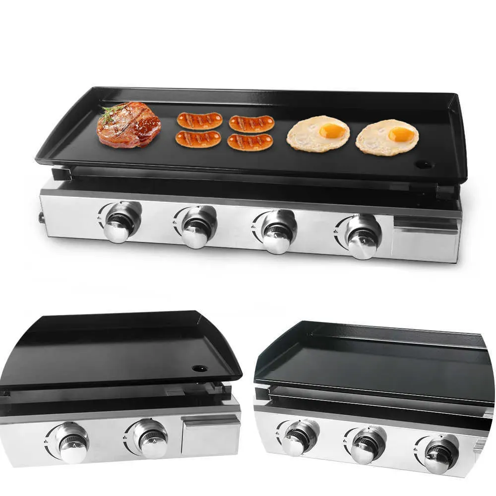 Grills LPG BBQ Plancha Rostfritt stål 2/3/4 brännare Gas Grillbiff Stek Griddle Plancha Emamel Cooking Plate Outdoor Teppanyaki 21072