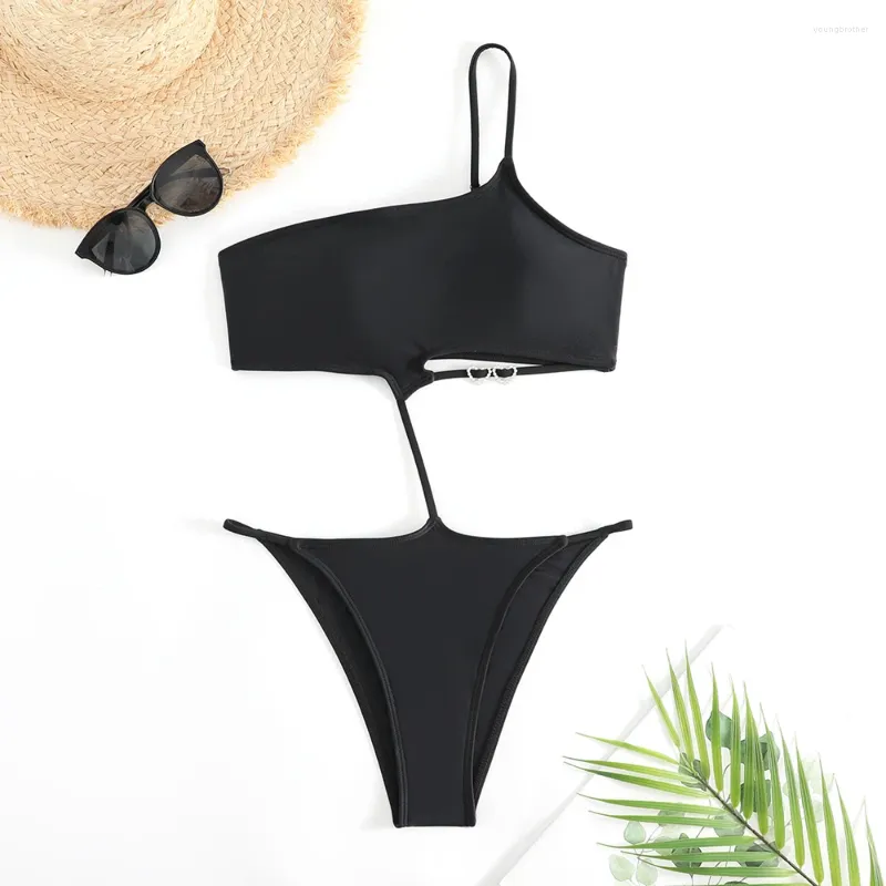 Dames badkleding één stuk zwempak sexy zwart backless schouderschouder vrouwen uitgesneden monokini touw hoge badpak zwembaden zwemmen