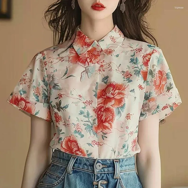 Blouses voor dames chiffon Chinese stijl shirt zomer afdrukken vintage losse korte mouw dames tops mode kleding ycmyunyan