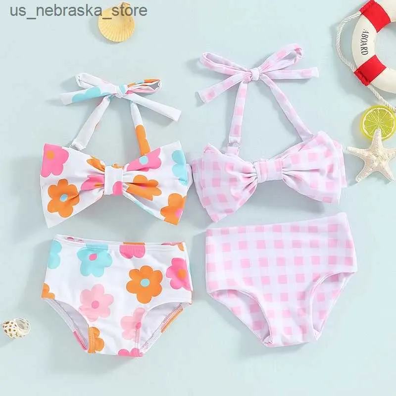 One-Pieces 1-6Y Little Girl Bikini Set Flower/Plain Sleeveless Bow Bikini Top with Shorts 2024 Summer Baby Swimwear Childrens Beach Suit Q240418