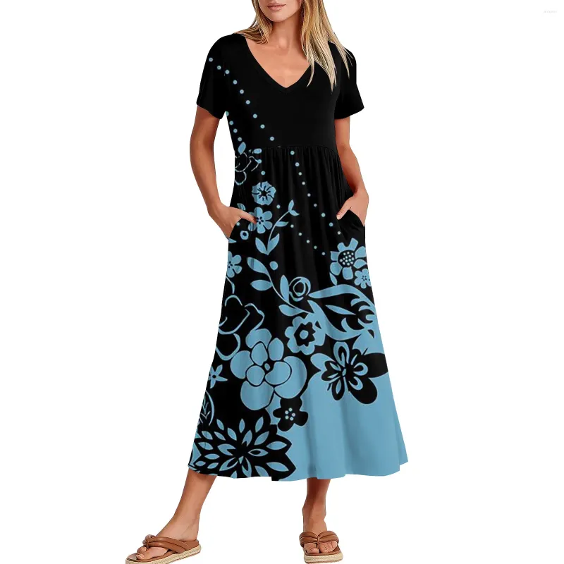 Flowing Maxi Skirt Party Dress with Pockets - Women's Casual V-Neck Short Sleeve Summer Dress