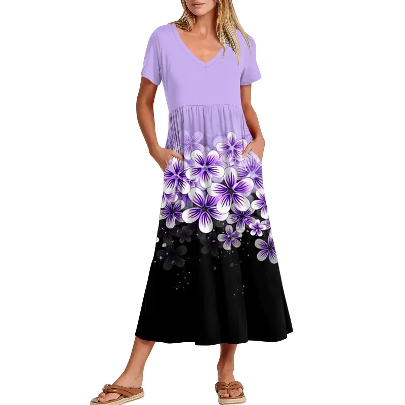 Flowing Maxi Skirt Party Dress with Pockets - Women's Casual V-Neck Short Sleeve Summer Dress