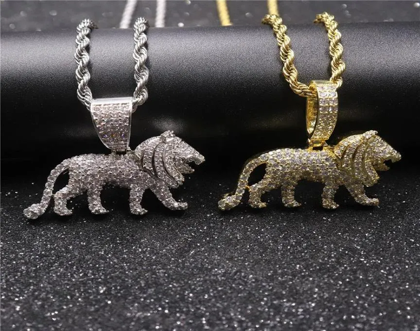 Hip Hop Full Cz Stone Paveed Bling Iced Out Male Lion Animal Pendants Collier For Hommes Bijoux de Rappement Gold Silver Color5951472