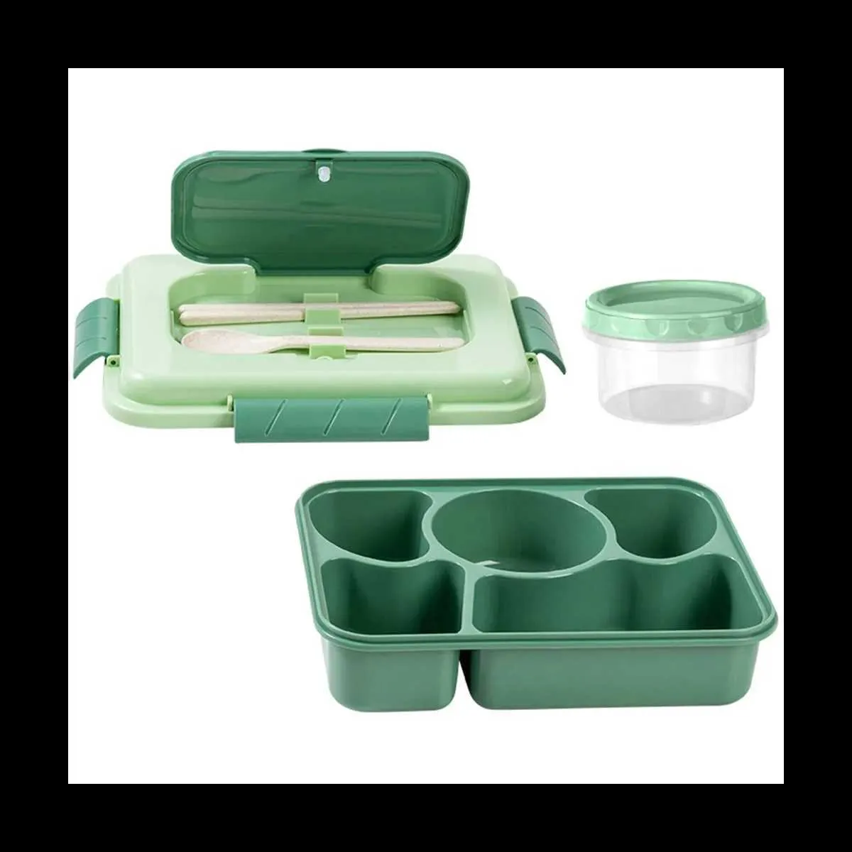 Bento Boxes Lunch Box 1600ml 5 Compartment Bento Box Adult con bacchette spoon riutilizzabili incorporate Viaggi (verde) L49