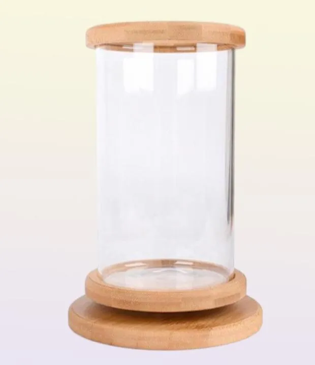 Akvarier 360 grader roterande glas betta fiskbehållare bambu bas mini dekoration rotera skål akvariumtillbehör för kontor5724620