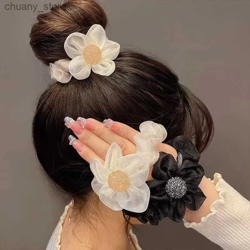 Haarrubberbanden Organza Pearl Haar touw Haarring Zoete Zon Bloemhoofd Girl Tie kop touw Rubberen band Haaraccessoires Y240417