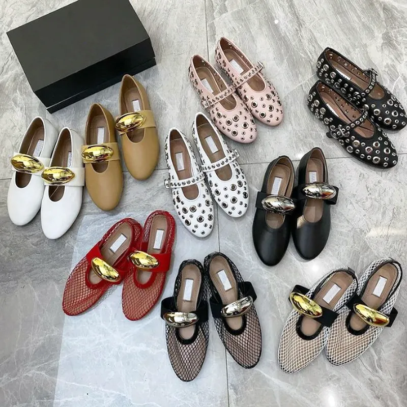 Ballet Flats Designer schoenballerina's vrouwen lente gewatteerde echte lederen slip op ballerina luxe ronde teen dames kleding schoenen met doos 505