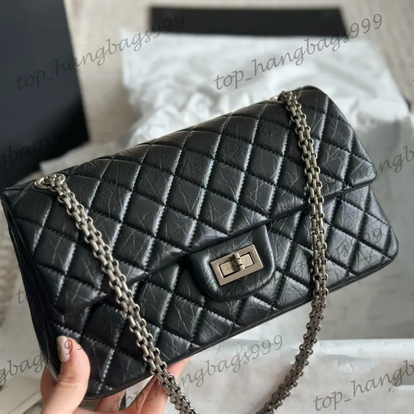 2.55 Womens Luxury Brand Calfskin Classic Vintage Retro Double Flap Quiltade väskor Åldrade silverkedjor Crossbody Handväskor Multi Pocheete Black Purse 25x14cm