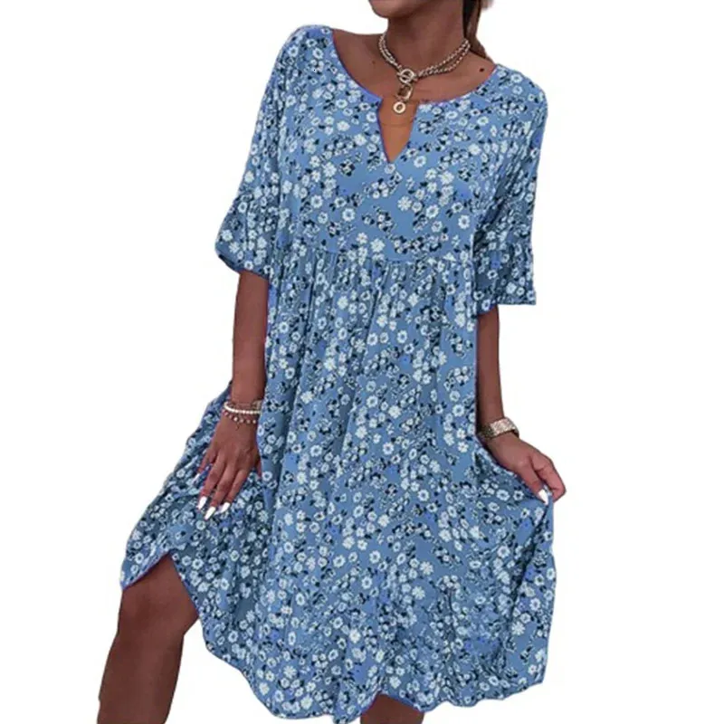 Womens Rustic Style Sweet Half Sleeve Dresses Pleated Splicing Large Hem Dressy Female Summer Flower Print V Neck Pullover Gown 240403