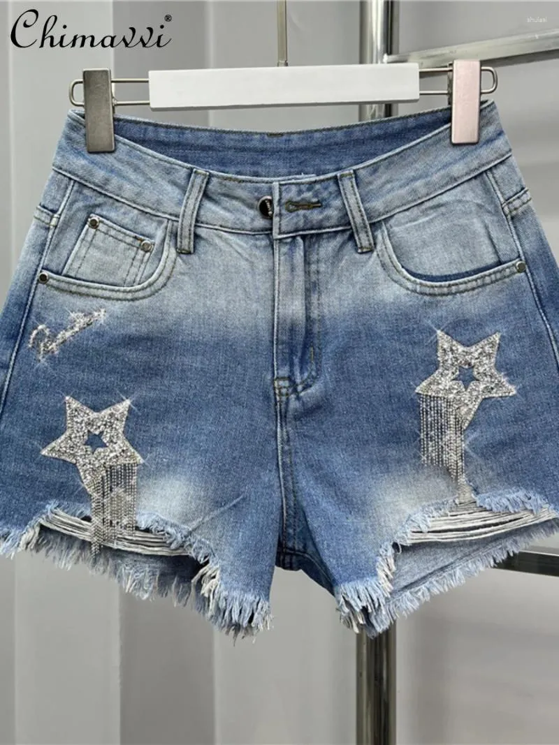 Dames jeans European Station Denim Shorts 2024 Zomermode losse slanke gescheurde strass Tassel A-lijn brede poten broek