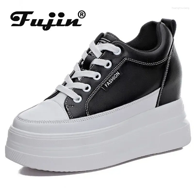 Zapatos informales Fujin 8cm 10 cm Vacacas de cuero genuino Botones de tobillo grueso Cordero Autumn Spring Tacones ocultos Fashion Ladies Vulcanize