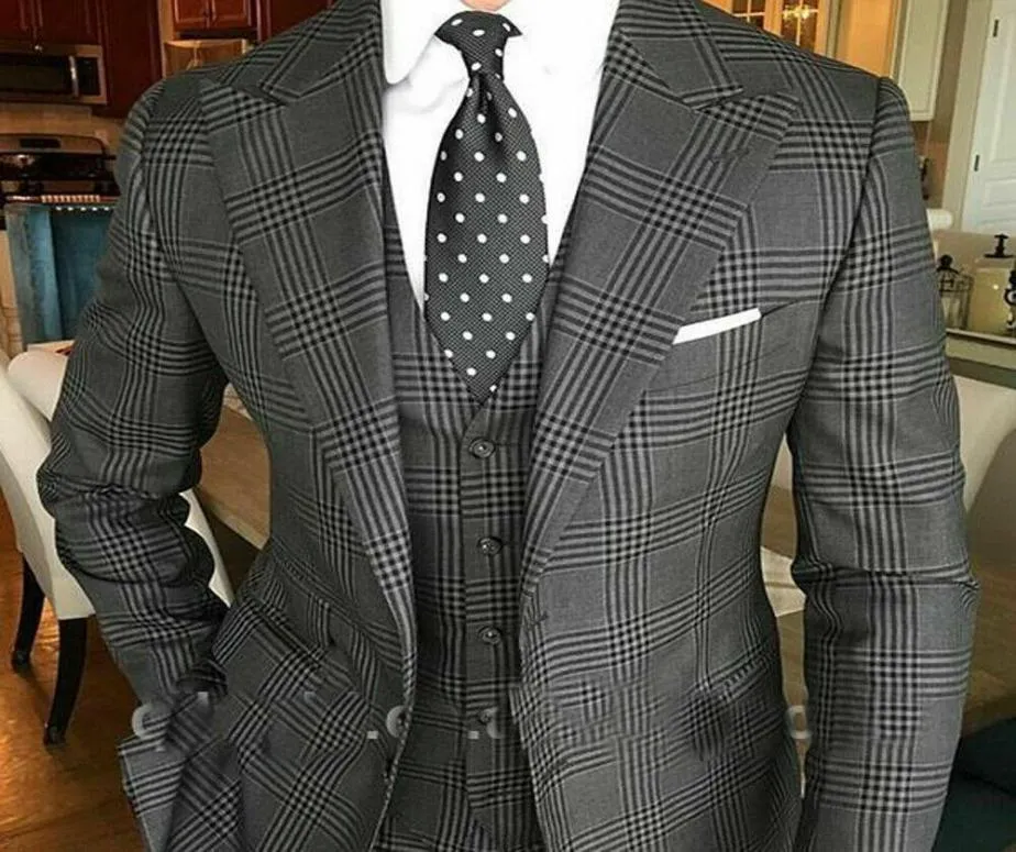 Dark Grey Mens Plaid Suits British Style Slim Notch Lapel Groom Party Tuxedo Wedding Tuxedos for Men Formal Prom Suit Jacketpant6058058