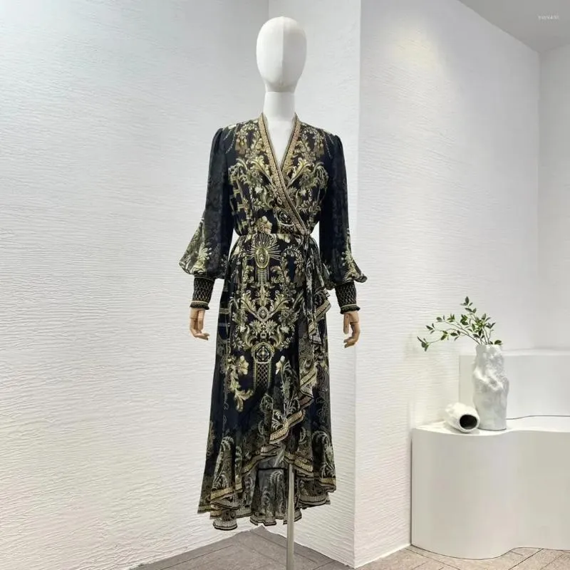 Casual Dresses 2024 Style Women Lady Silk Long Sleeve Spring Summer Diamonds Black Golden Irregular Tail Wrap V Neck Midi Dress