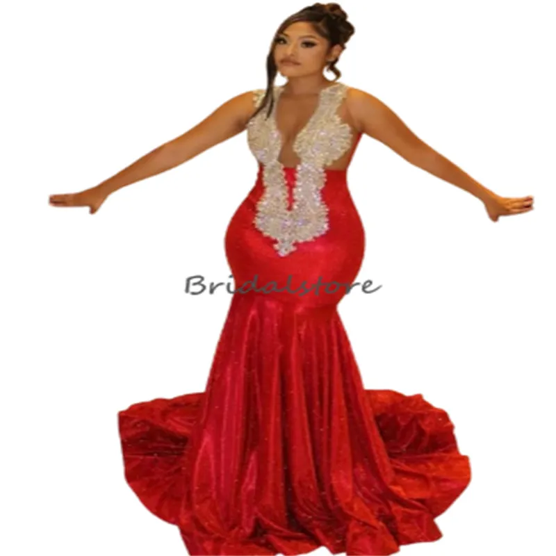 Red Plus Size Prom Dresses Black Girl With Rhinestone Aso Ebi Mermaid Evening Dresses 2024 African Engagement Reception Party Vestidos De Noche Sixteen Birthday