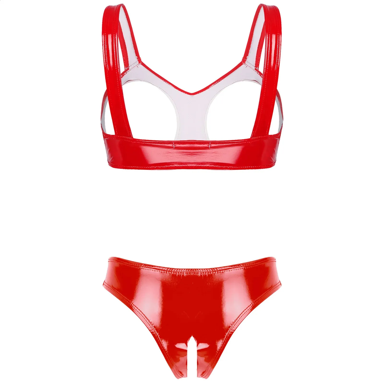 Patent Leather Lingerie Set with Open Cups and...