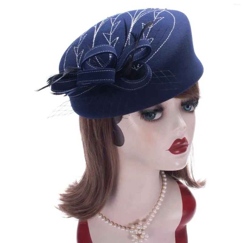 Berets Fascinator Hats For Women Winter Embroidered Veil Wool Felt Pillbox Formal Cocktail Party Wedding Fedoras A140