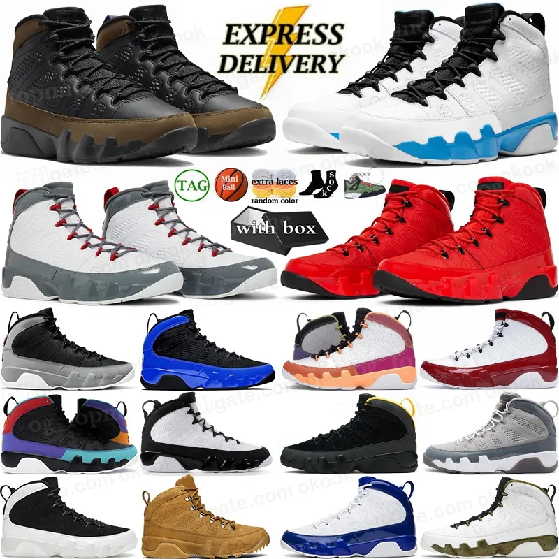 Com box salto homem 9 sapatos de basquete masculino 9s partícula em pó cinza pó azul de fogo vermelho azeitona concord unc criado patente antracite esportes tênis treinadores