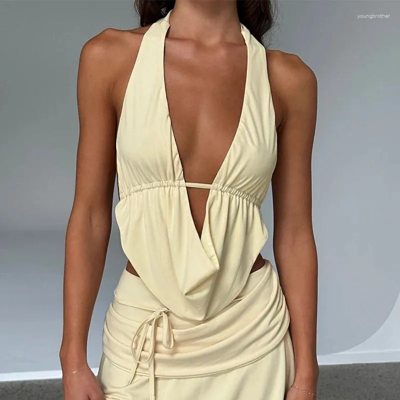 Women's Tanks 2024 Summer Solid Color Sexy Backless Halter Crop Top Fashion Strap Sleeveless Deep V Neck Tie Back Camisole