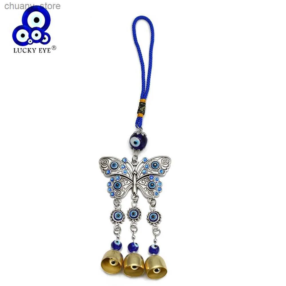 Keychains Lanyards Lucky Eye Blue Turkish Evil Eye Bead Alloy Butterfly Pendant Wall Hanging Wind Chimes Key Chain Car Keyring for Women Men BE208 Y240417