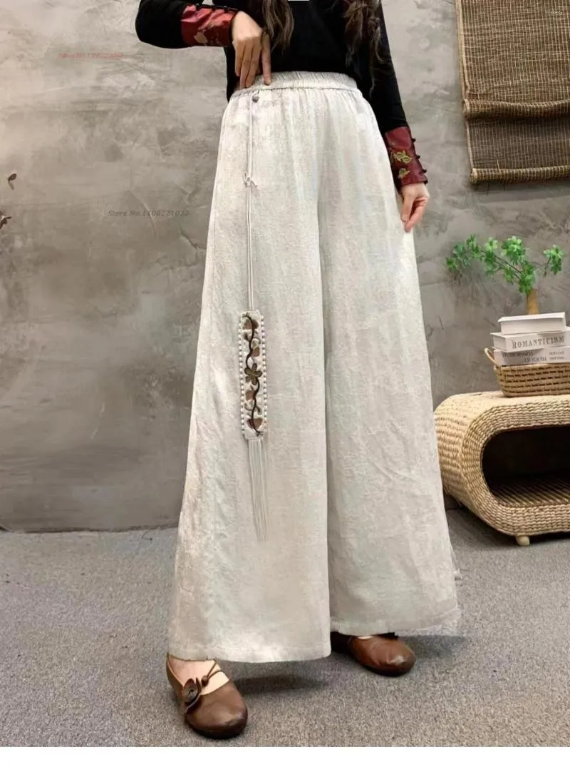 Ethnic Clothing 2024 Chinese Vintage Pants National Flower Embroidery Tassels Jacquard Trousers Folk Wide Leg Streetwear