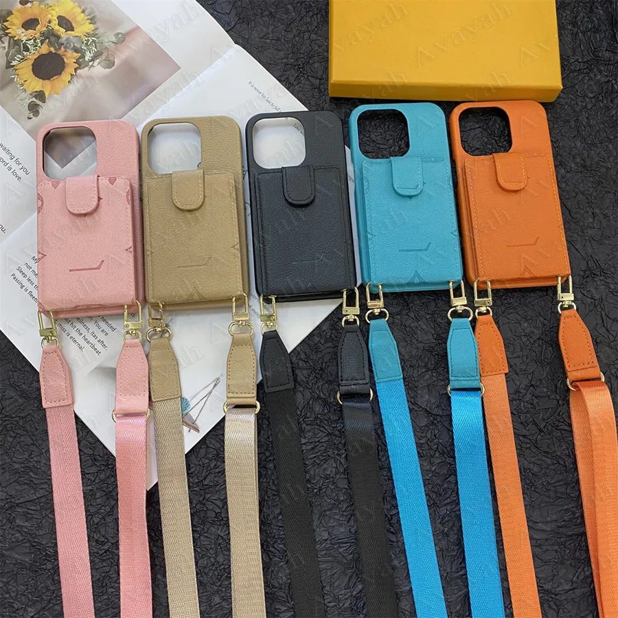 Classic Imprint Floral Designer Phone Case for iPhone 15 14 Plus 13 12 11 Pro Max X Xs Xr 8 7 Plus Card Slot Pocket Holder Leather Cellphone Cover with Neck Shoulder Strap