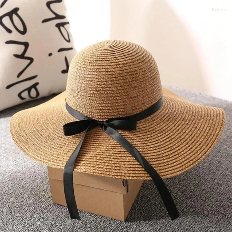 Chapéus largos de palha de verão Big Beach Sun Hat Block dobrável Proteção UV Panamá osso Chapeu Feminino Gorras