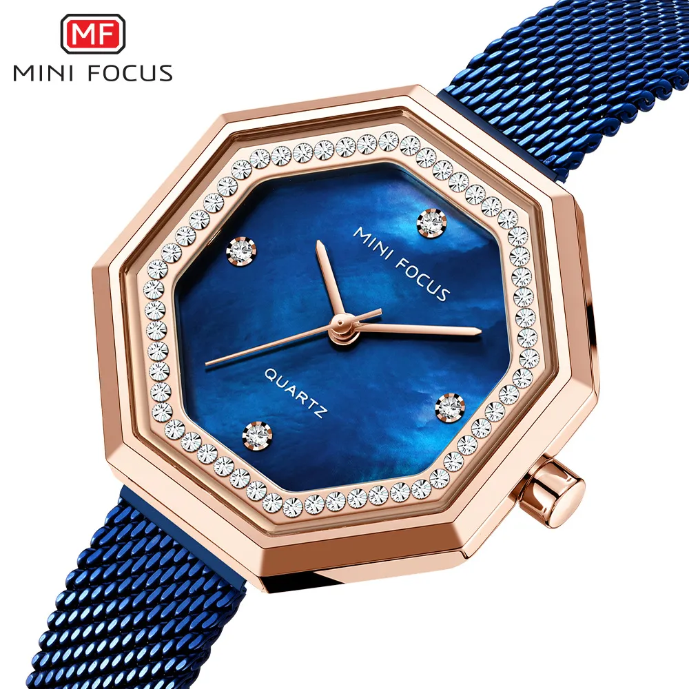 MINI FOCUS Womens Watch - Waterproof Steel Mesh Band - Diamond Accent ...