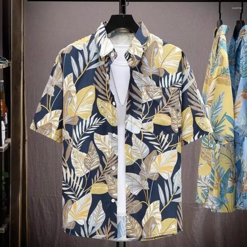 Camisas casuales para hombres Camisa impresa estampado de hoja de estilo tropical con tecnología seca rápida para vacaciones Top Fit Fit Hawaiian