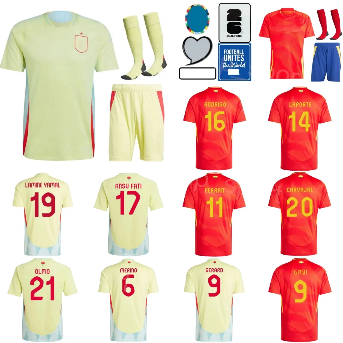 Espana 24 25 EURO CUPE 11 Equipe nacional de Jersey de futebol Williams 7 Morata 19 Yamal 21 Oyarzabal 17 Sarabia 23 Simon 16 Rodri 10 Olmo Laporte Futebol Cirche Kits Mens Youth Youth