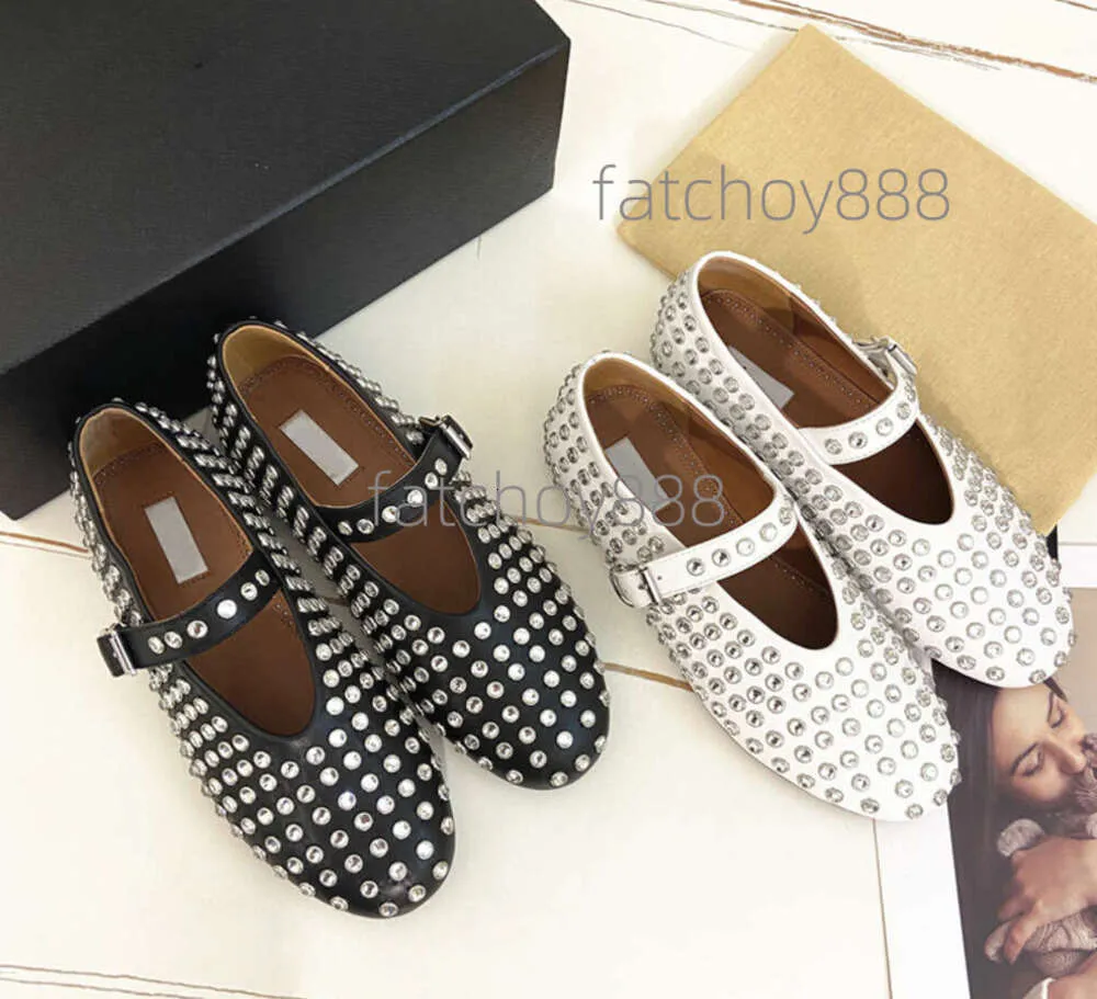 ALAlA Gaoding Zhang Xiaohuis Ala * Round Head Rhinestone Rivet Mary Jane Single Shoe Womens Comfortable Flat Ballet Shoes Dance Shoes 88