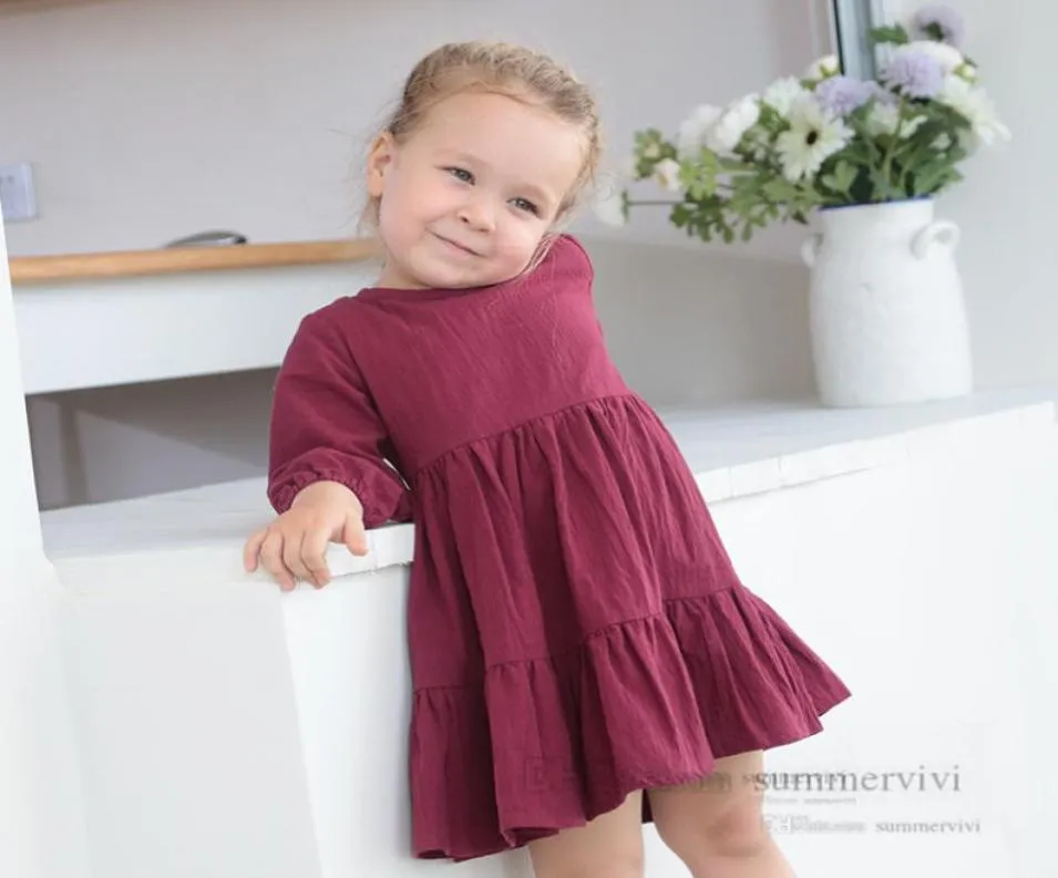 Little girls cotton linen dresses toddler kids round collar long sleeve princess dress autumn children soft comfortable clothes Q81818545