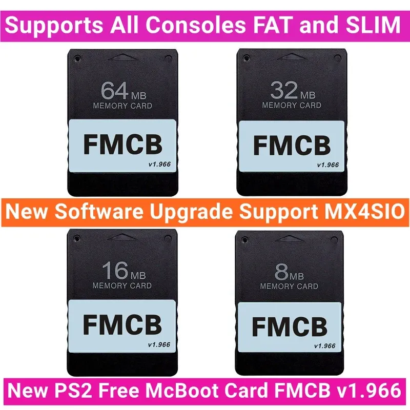 Kort Nytt PS2 Gratis McBoot -kort FMCB v1.966 8M 16M 32M 64MB Memory Card stöder alla konsoler Fat och Slim Update OPL1.2.0 för MX4SIO