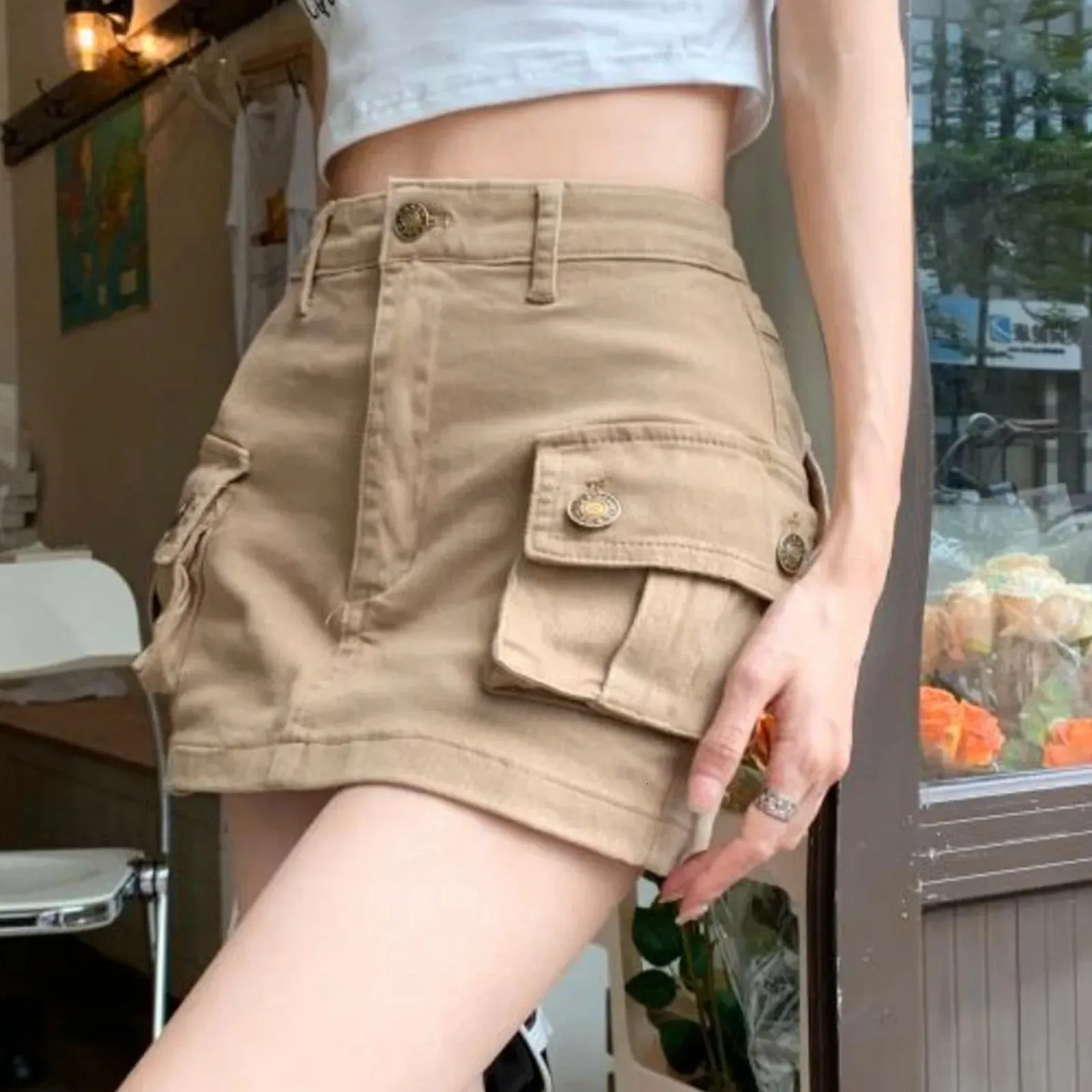 Khaki jeansowe mini spódnica mini spódnica Kobiety Summer High talia Owinięte biodrową spódnice Kobieta Sexy Chude Pockets Korean Y2K Short 240411