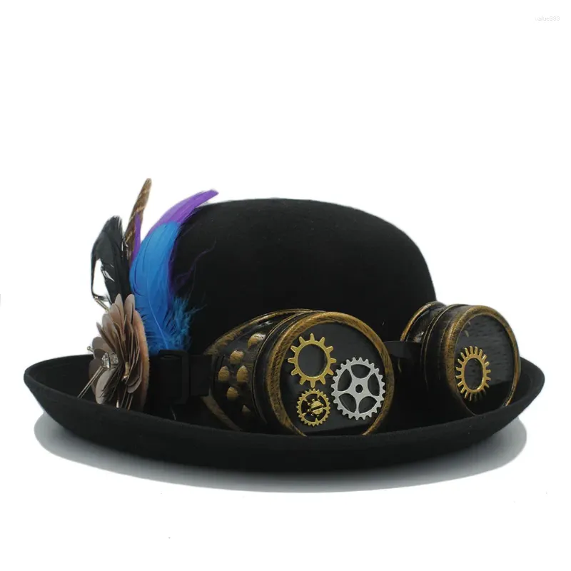 Berets Dames Black Bowler Steampunk Hat voor dames voor Lady Cosplay Bailey Ofhollywood Fedora Halloween Party Caps met punk versnellingsbril