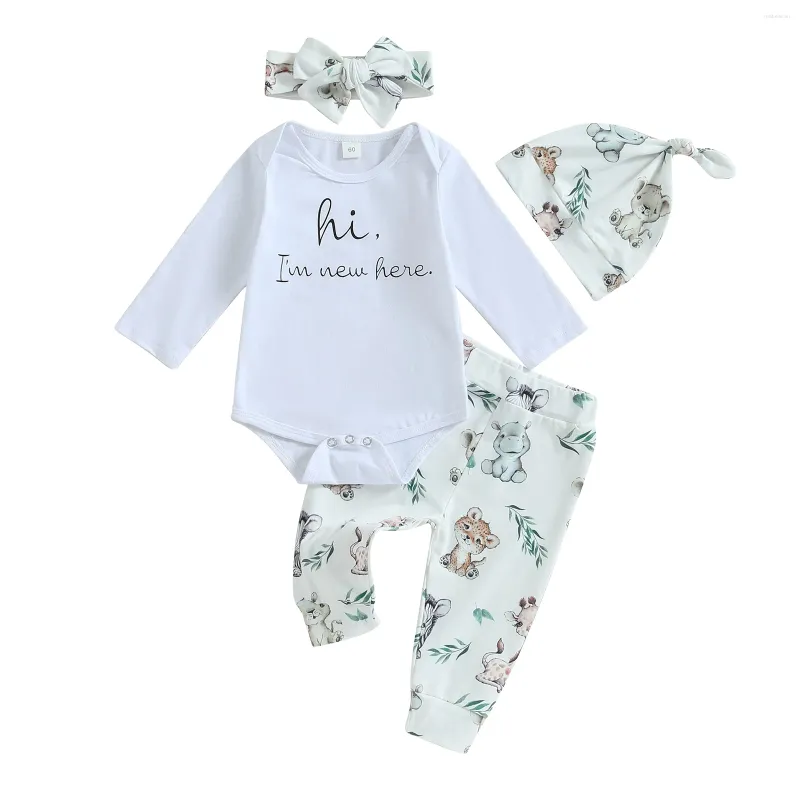 Kläder set pudcoco baby pojkar faller outfits brev tryck besättning hals långärmad rompers koala byxor hatt pannband 4 st kläder set