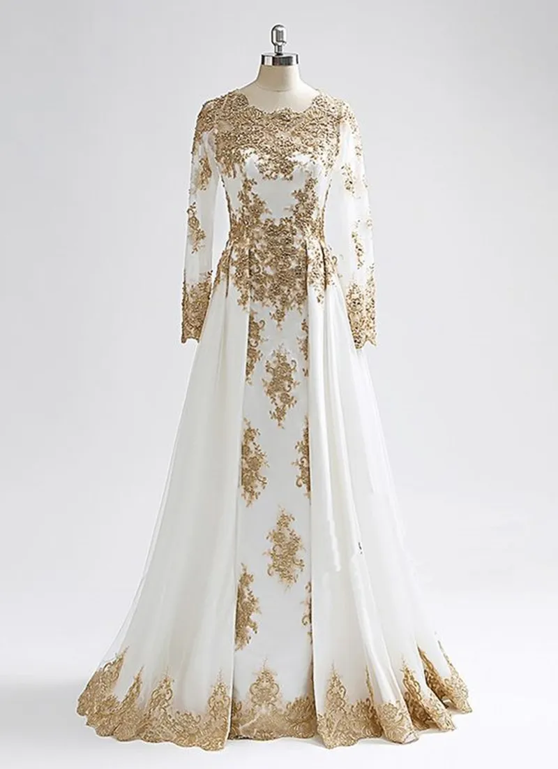 Arabic Muslim White And Gold Wedding Dresses Long Sleeves Jewel Neck Lace Appliques Crystal Beaded Floor Length Bridal Gowns Elegant Modest Bride Wear Arabic Muslim White And Gold Wedding Dresses Long Sleeves Jewel Neck Lace Appliques Crystal Beaded Floor Length Bridal Gowns Elegant Modest Bride Wear