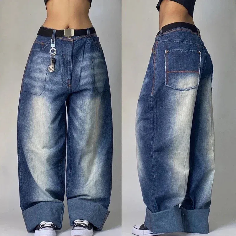 JNCOジーンズY2Kレトロヒップホップブルーカラーバギージーンズブラックパンツゴシックハイウエストワイドズボンストリートウェア240407