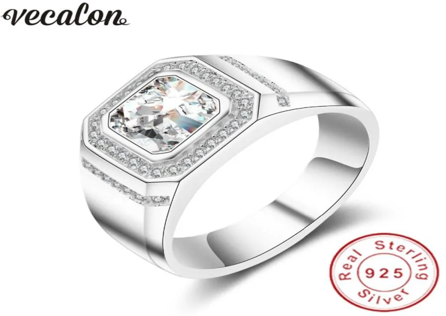 Vecalon Fashion Jewelry Wedding Pierścień dla mężczyzn 2CT Diamonique CZ 925 Srebrny męski męski palcem palcem Pierścień Ojciec Gift8861524