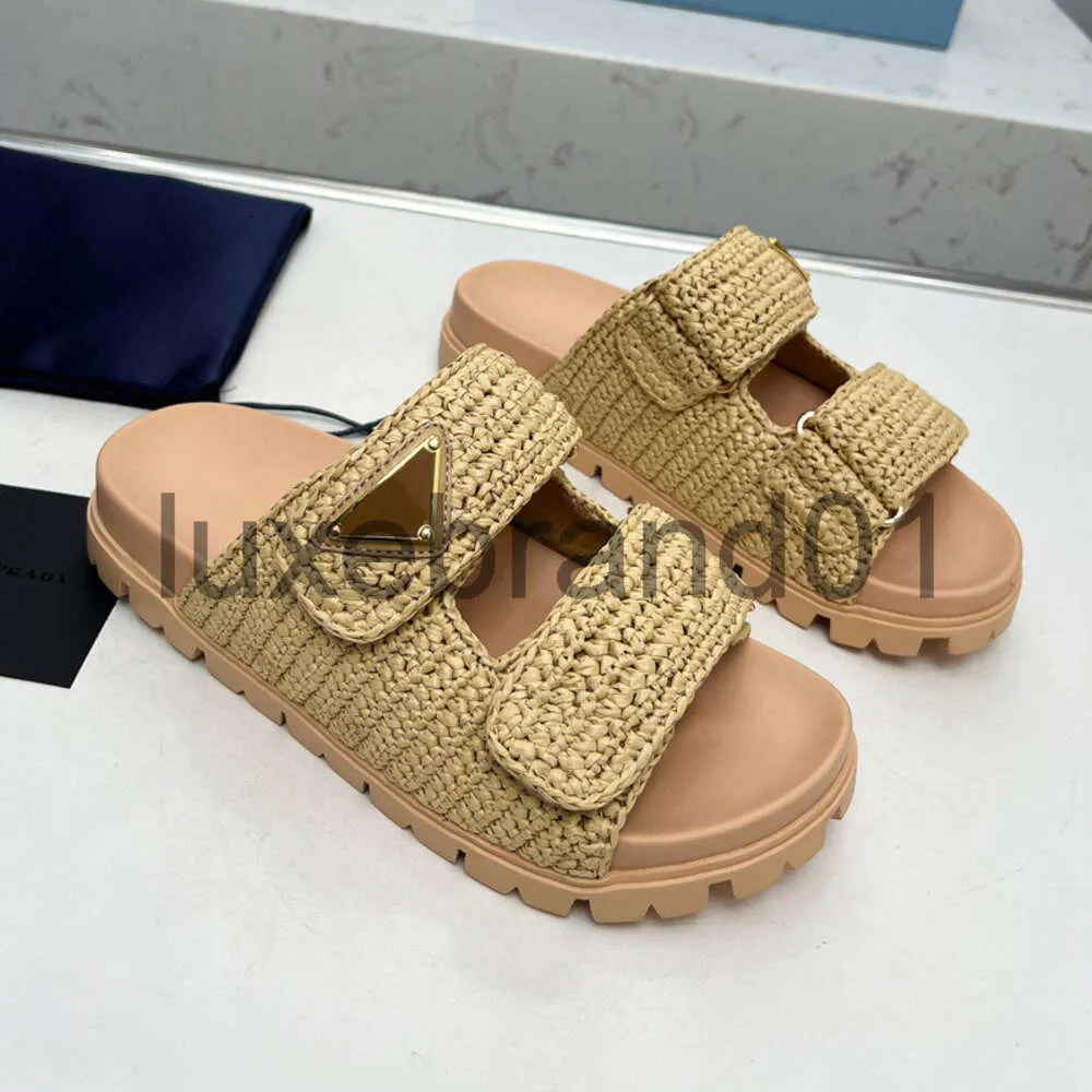 Designer Sandal Woman Crochet Slides Black Platform Wedges Straw Flatform Slipper Summer Flat Comfort Mule Beach Pool Two Straps