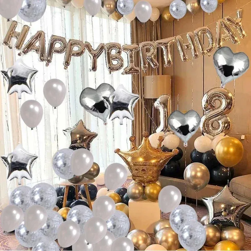 27st Silver Happy Birthday Decorations Foil Happy Birthday Balloons Banners Heart Star Balloons For Baby Shower Party Supplies 240410