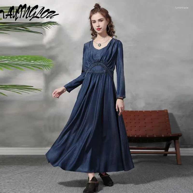 Casual Dresses for Women 2024 Spring Plus Size Vestidos Feminino Vintage Denim Dress Long Sleeve Midje veckad A-Line