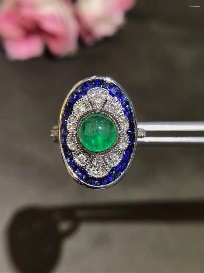 Klusterringar Natural Plain Emerald och Sapphire Ring 18K White Gold With Diamond Fine Women Jewelry Vintage