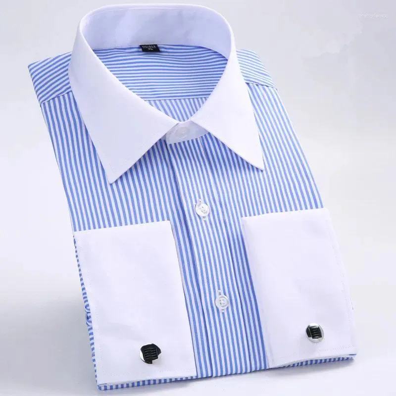 Men's Dress Shirts Classic French Cuffs Striped Shirt Single Patch Pocket Standard-fit Long Sleeve Business Social Formal Cufflinks Top