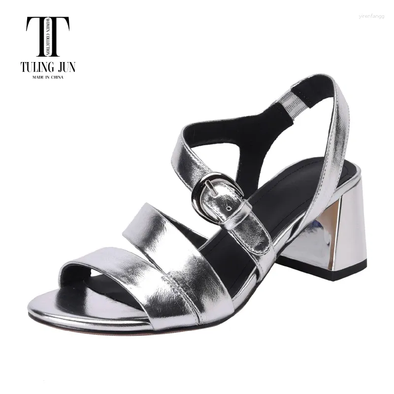 Klänningskor Tuling juni 2024 Summer Women's Mature Open Toe Solid Color Back Strap Sandals High Square Heel Party for Female T-3866