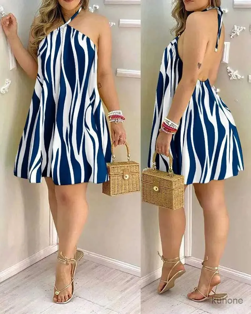 Basic Casual Dresses Tropical Print Halter Neck Dress Vacation Style Backless Dress For Spring Summer Womens Clothing