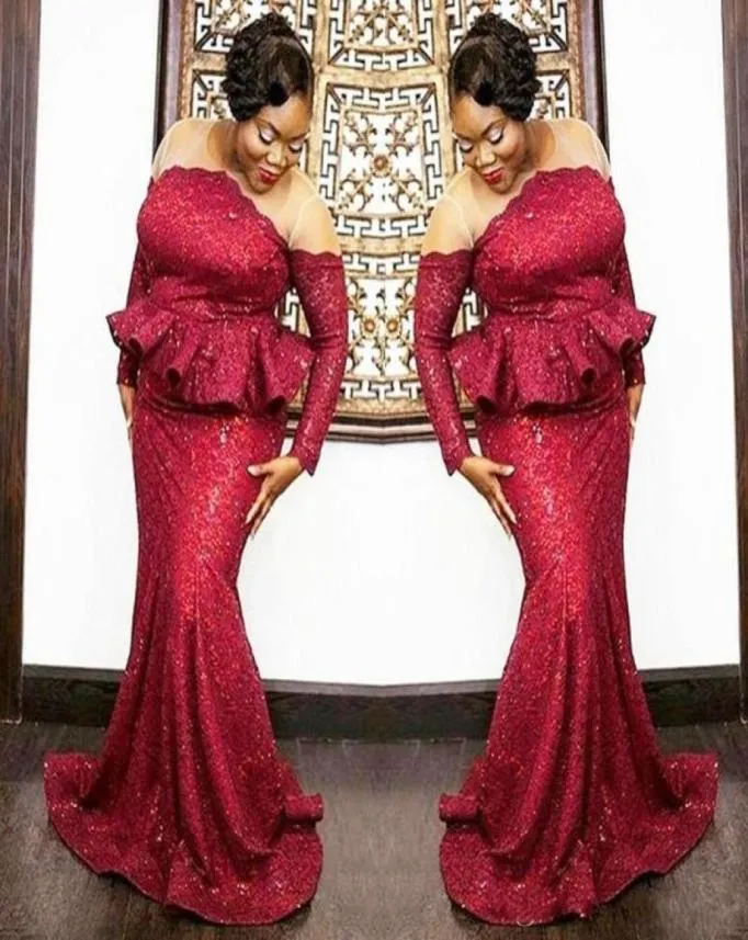 South African Plus Size Prom Dresses Dark Red Sequined Long Sleeves Evening Gowns Sheer Neck Peplum Mermaid Women Party Dress Vest2084037