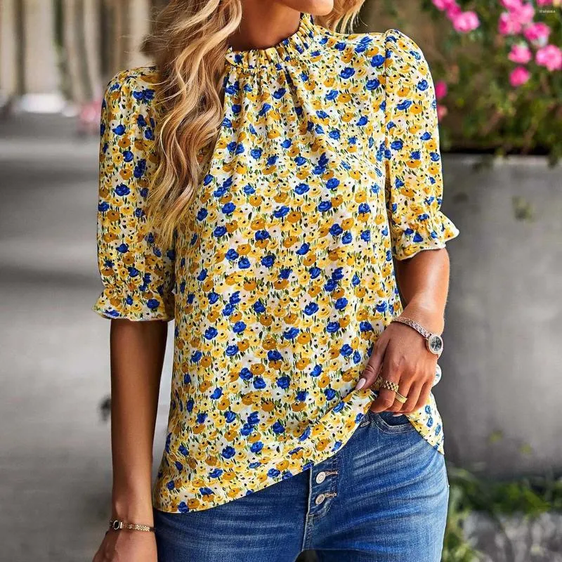 Frauenblusen floral bedrucktes T-Shirt Top-Halbhülle mittelhochkragen mit Holzohrfalten Tops Sommer Böhmische Urlaub T-Shirts